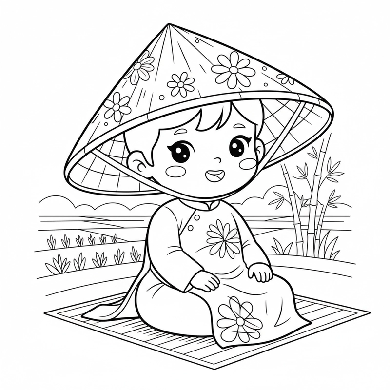 Tranh tô màu nón lá ngộ nghĩnh