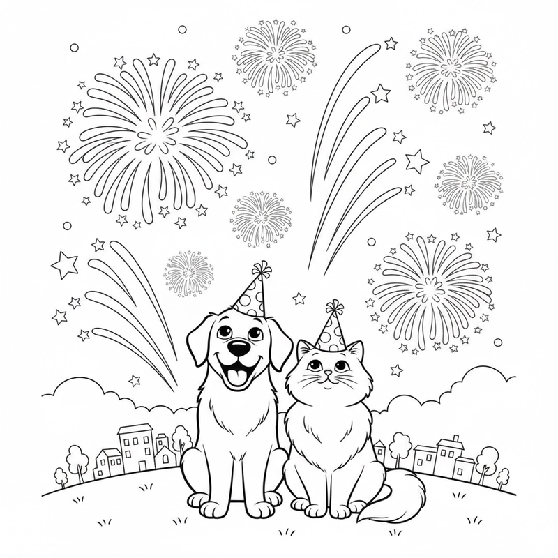 Tranh tô màu pháo hoa ngày Tết lung linh