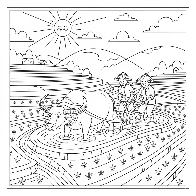 Tranh tô màu ruộng bậc thang đẹp