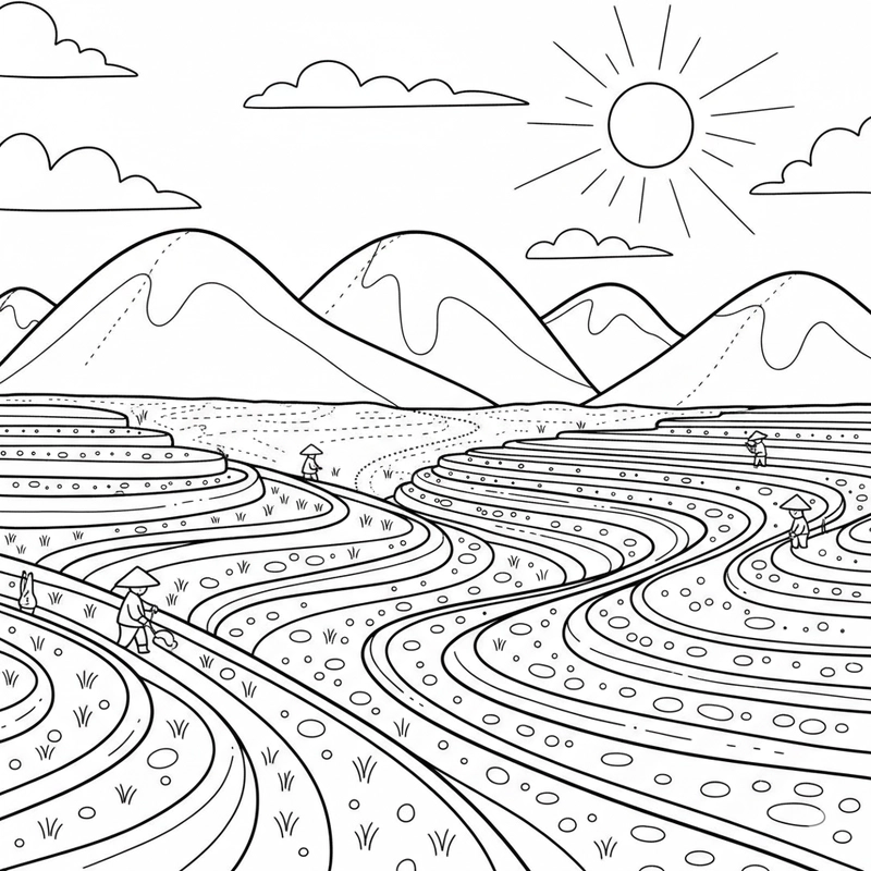 Tranh tô màu ruộng bậc thang mùa gặt