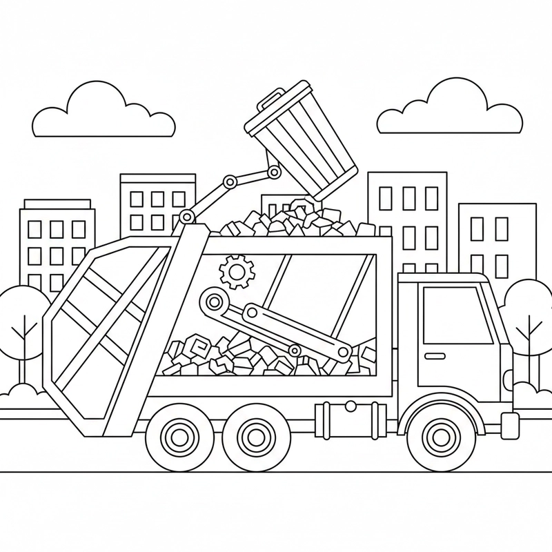 Tranh tô màu xe chở rác cho bé mầm non