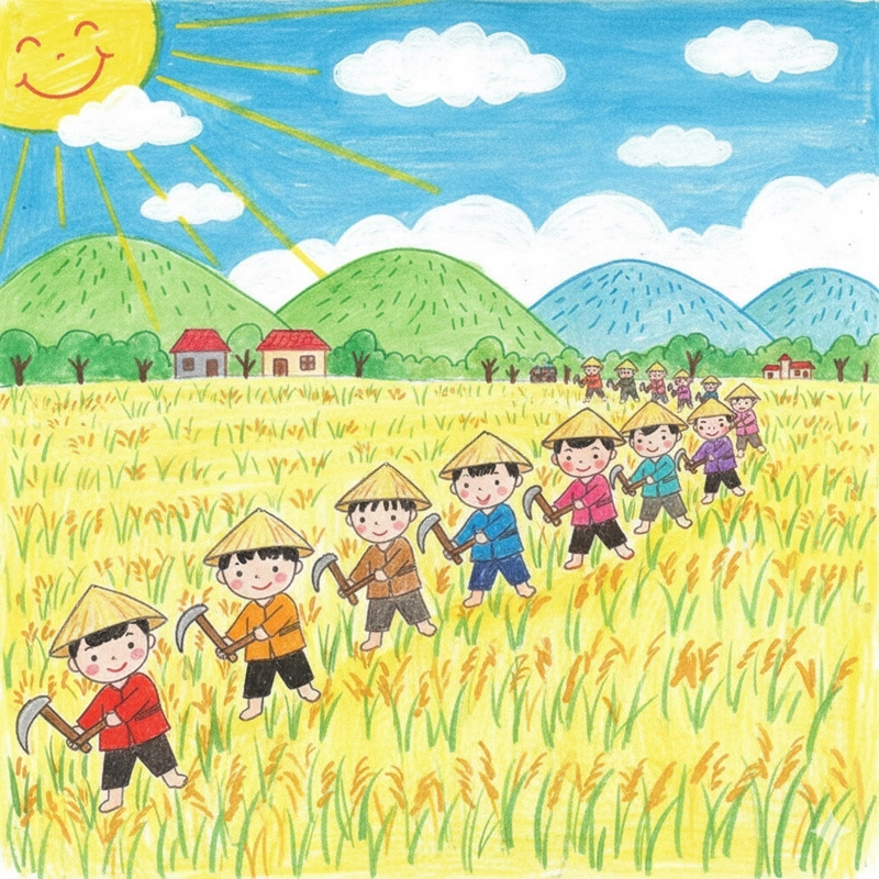 Tranh vẽ bác nông dân gặt lúa gần gũi