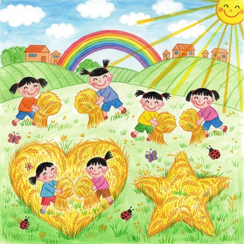 Tranh vẽ bác nông dân gặt lúa mộc mạc