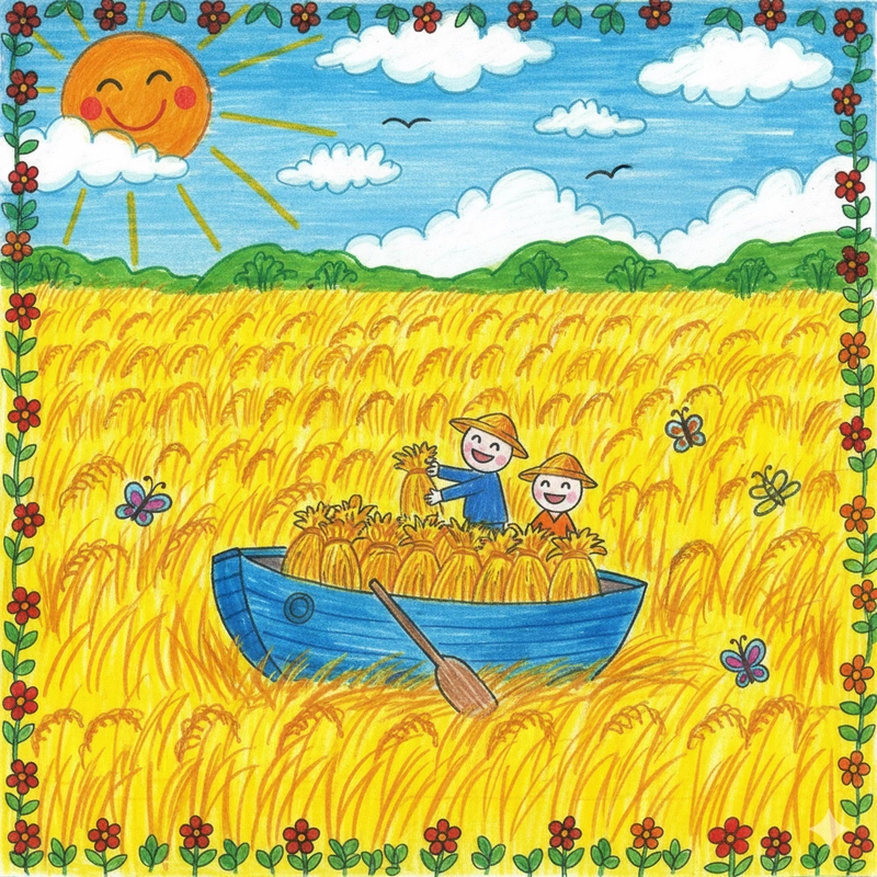 Tranh vẽ bác nông dân gặt lúa vui tươi