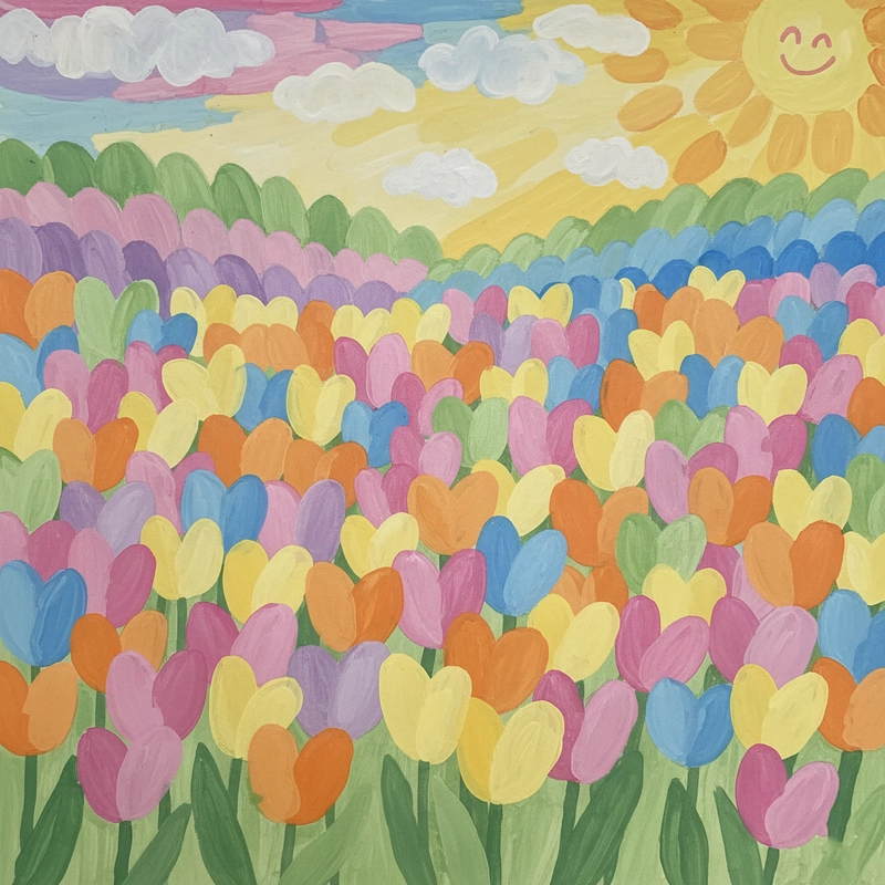 Tranh vẽ cánh đồng hoa tulip rực rỡ