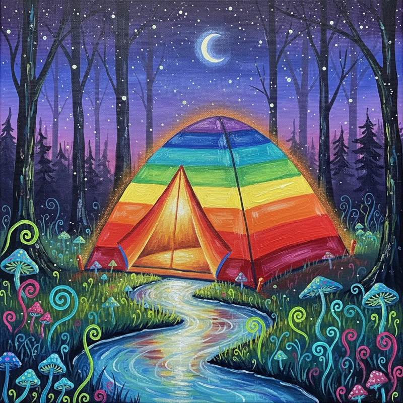 Tranh vẽ lều cắm trại trong thiên nhiên