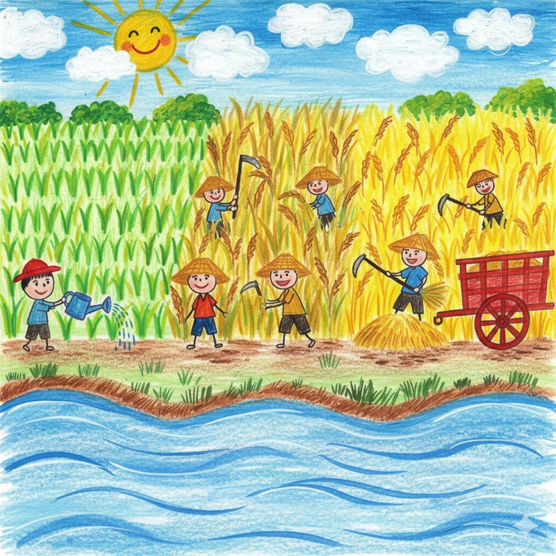 Tranh vẽ người nông dân đang gặt lúa tươi mới