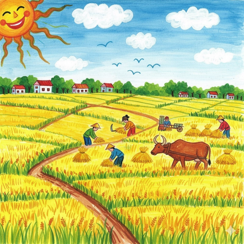 Tranh vẽ người nông dân đang gặt lúa tươi sáng