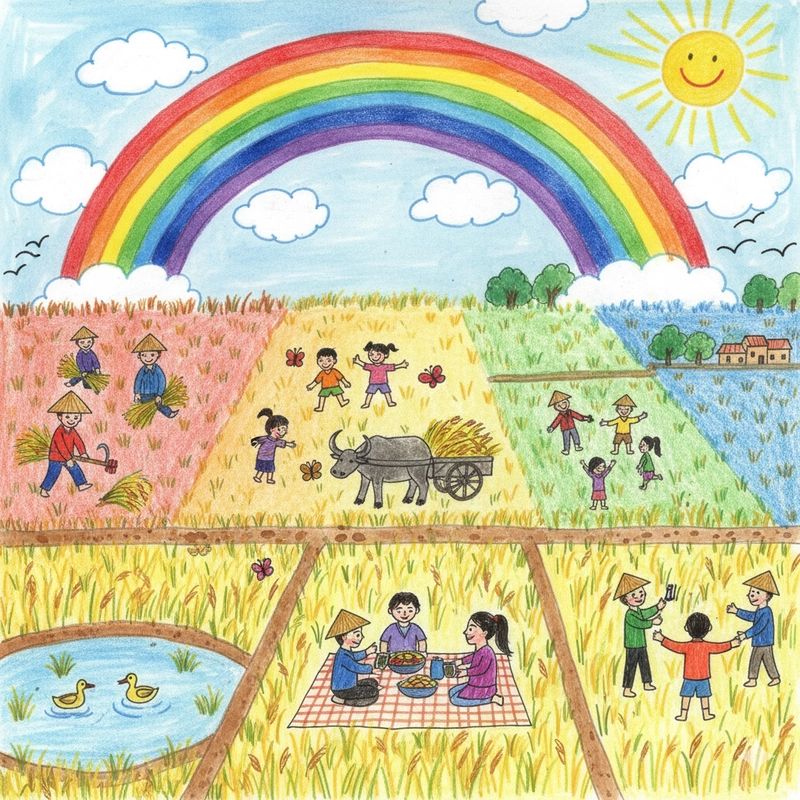 Tranh vẽ người nông dân gặt lúa ở cánh đồng