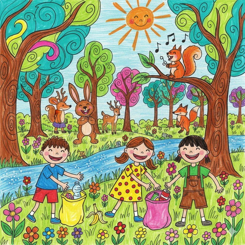 Tranh vẽ nhặt rác đơn giản dễ thực hành