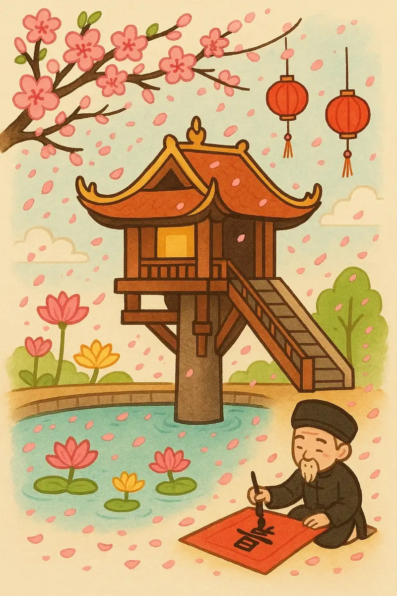 Vẽ cảnh Chùa Một Cột dễ thực hiện