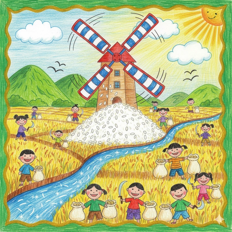 Vẽ tranh gặt lúa đơn giản cho trẻ em