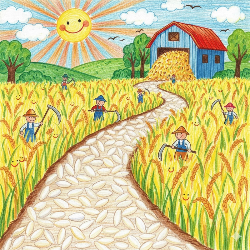 Vẽ tranh gặt lúa đơn giản mùa thu