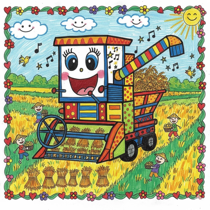 Vẽ tranh gặt lúa đơn giản phong cảnh đẹp