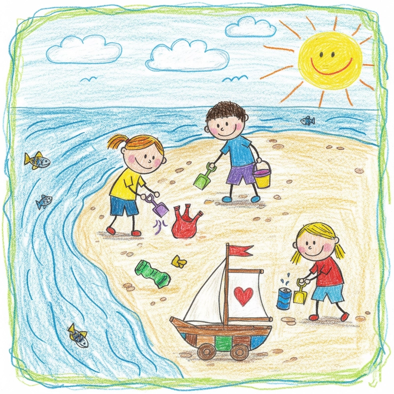 Vẽ tranh nhặt rác ở biển xanh