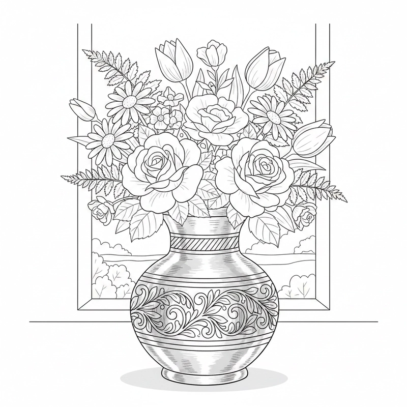 Hình ảnh bình hoa quen thuộc trong tranh tô màu