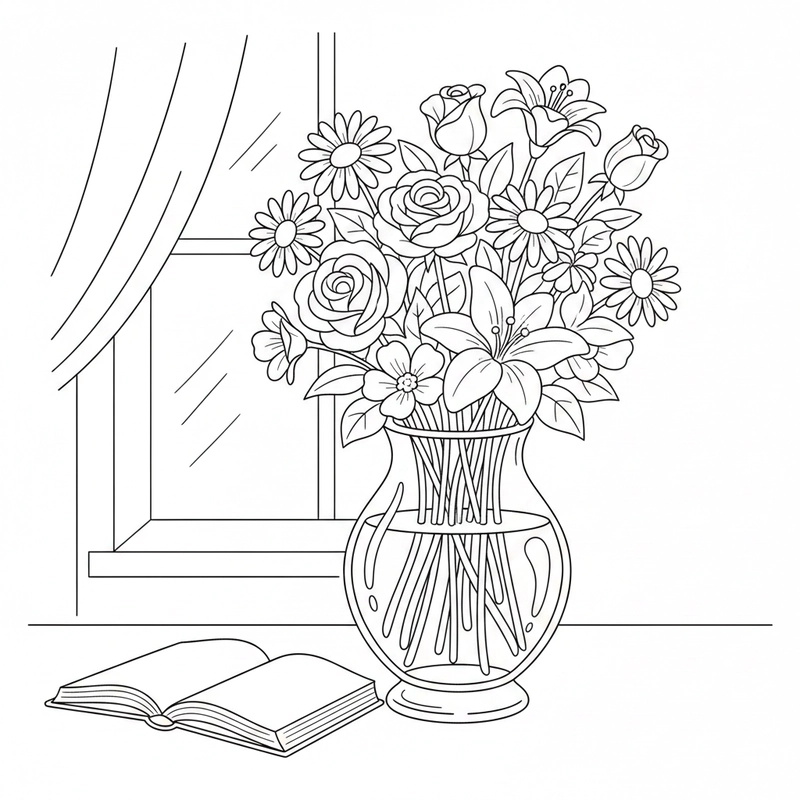 Hình ảnh bình hoa trong bộ tranh tô màu