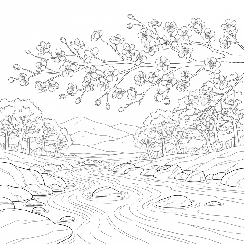 Hình ảnh hoa đào trong tranh tô màu cho trẻ