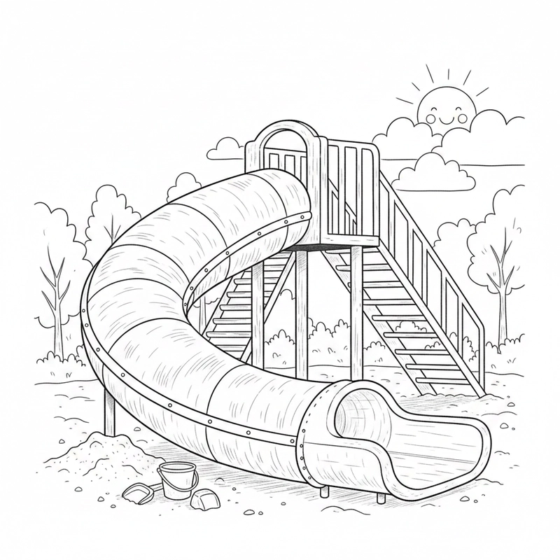 Hình bé vui chơi với cầu trượt để tô màu