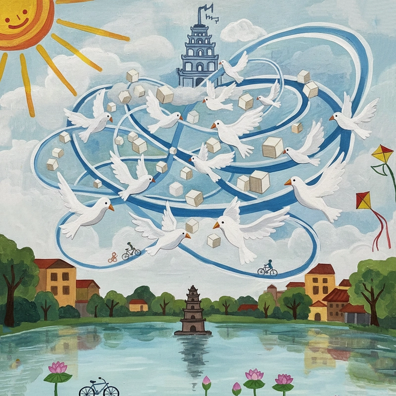 Hình minh họa tranh Em yêu Hà Nội thành phố vì hòa bình