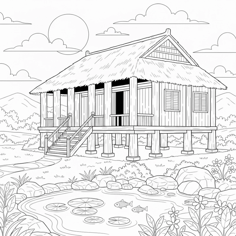 Hình nhà sàn Bác Hồ để bé tập tô