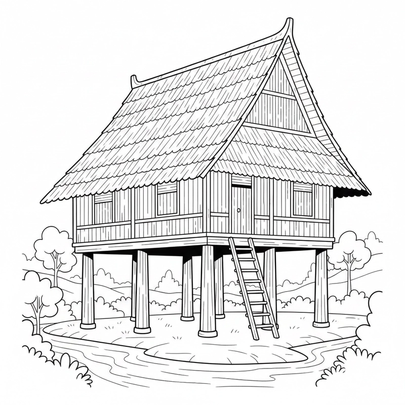 Hình nhà sàn Bác Hồ dễ tô phù hợp bé nhỏ