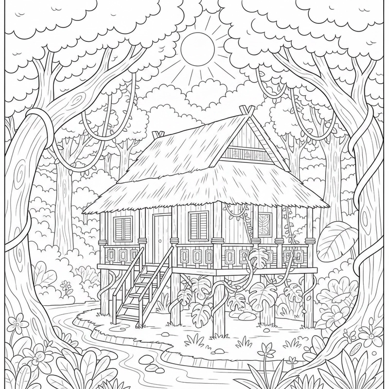 Hình nhà sàn miền núi mộc mạc để tô