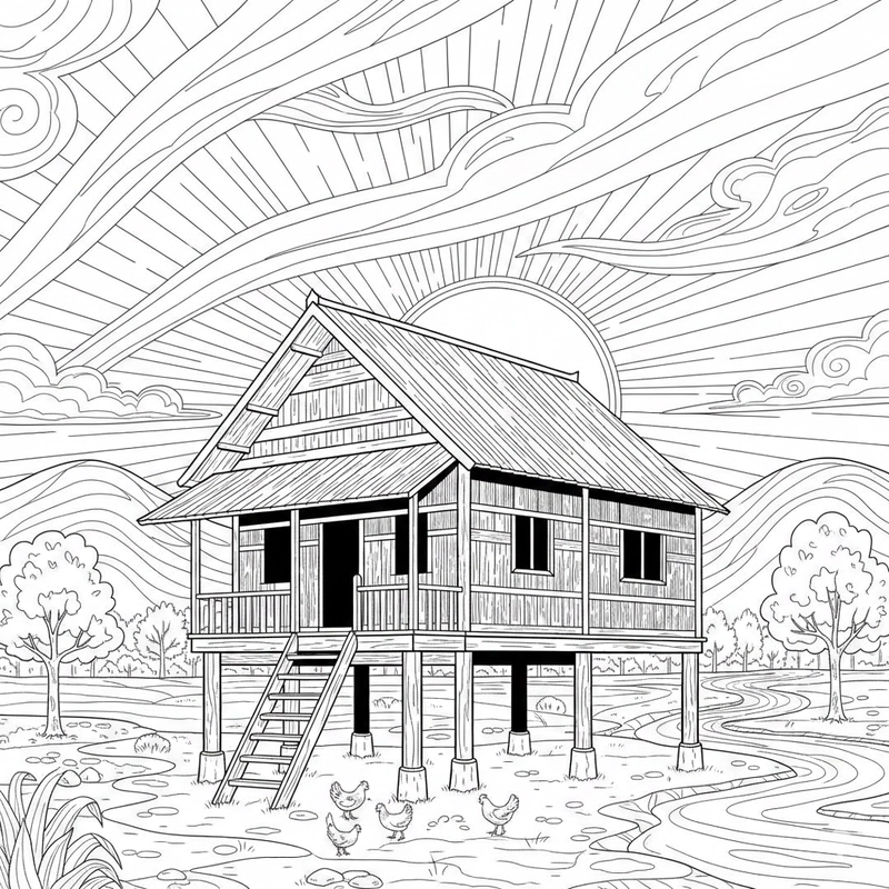 Hình nhà sàn truyền thống để bé tô màu