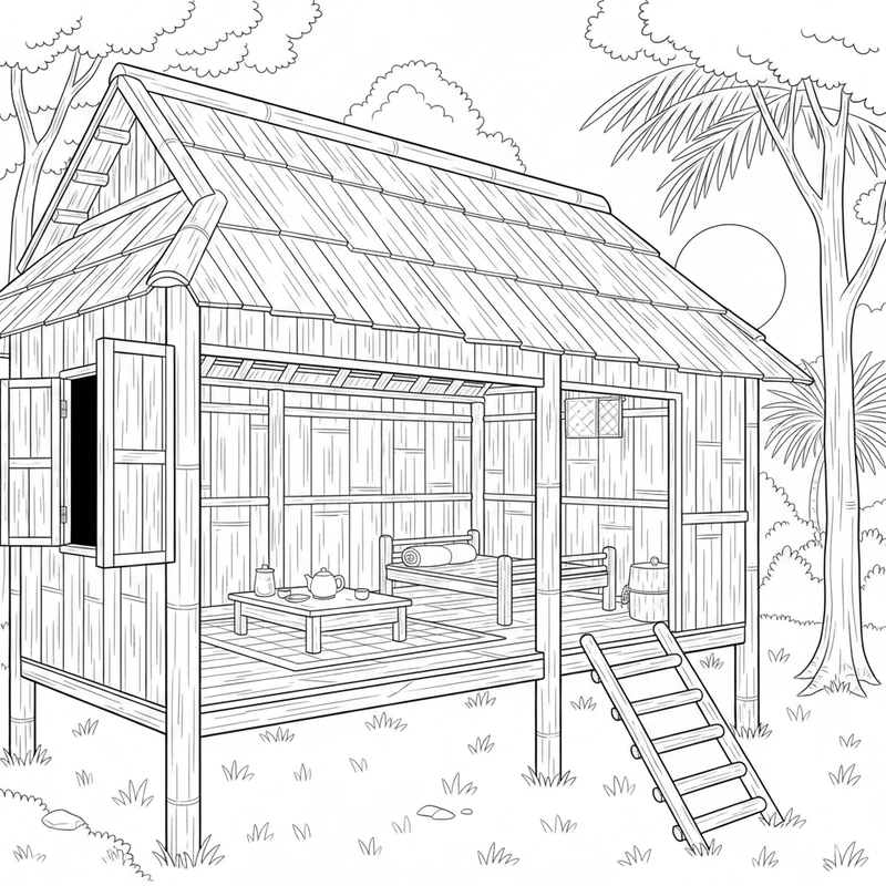 Hình nhà sàn truyền thống giúp bé sáng tạo