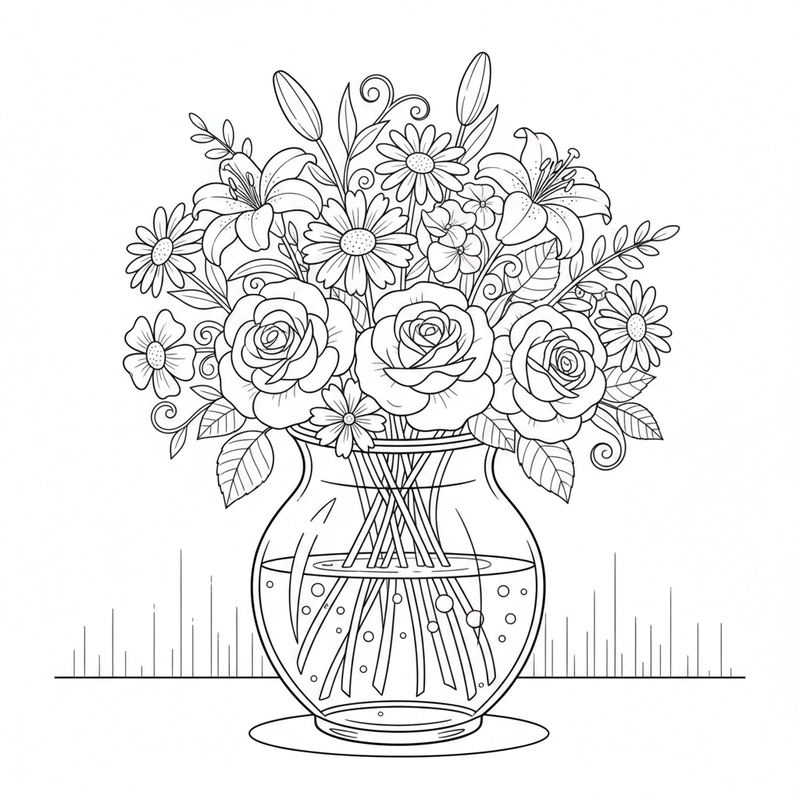 Hình tô màu bình hoa đơn giản, dễ phối màu