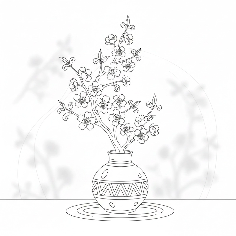 Hình tô màu hoa đào với bố cục hài hòa