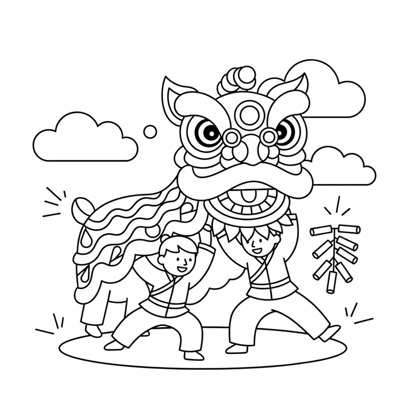 Hình tô màu múa lân cho giờ học mỹ thuật