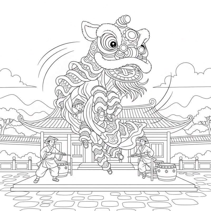 Hình tô màu múa lân phong cách truyền thống