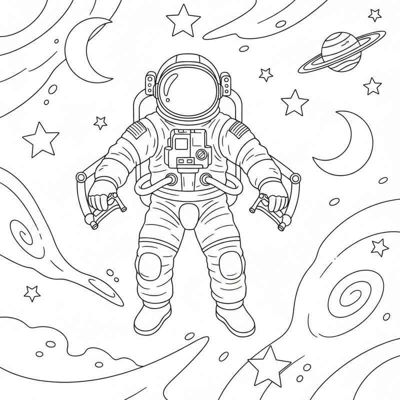 Hình tô màu phi hành gia bay giữa các vì sao
