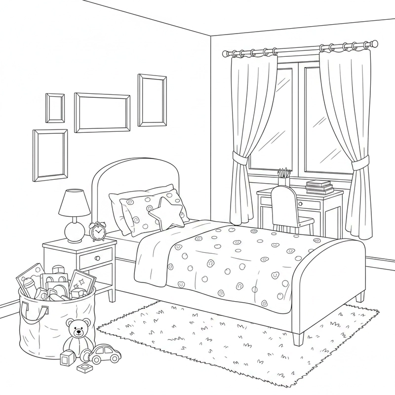 Hình tô màu phòng ngủ bé yêu thích