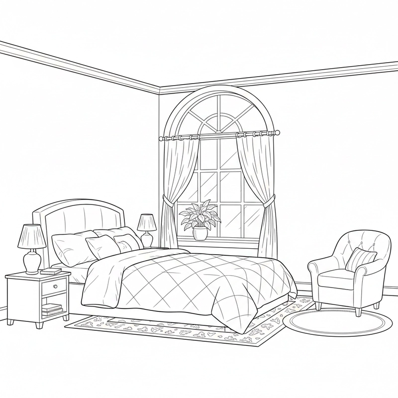 Hình tô màu phòng ngủ mang phong cách thân thiện