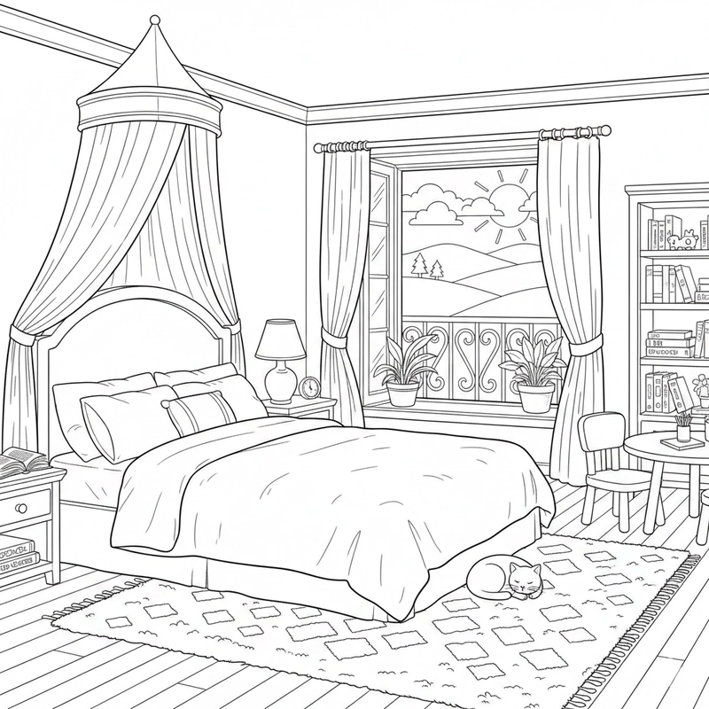 Hình tô màu phòng ngủ nhẹ nhàng và cute