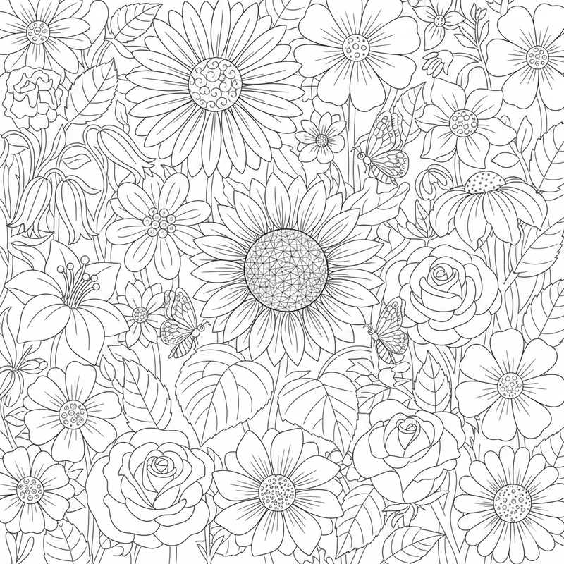 Hình tô màu vườn hoa với bố cục hài hòa