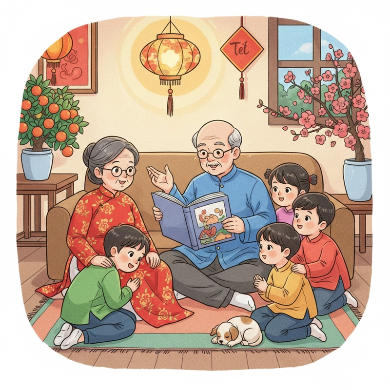 Hình tranh vẽ ngày Tết trong gia đình thân thương