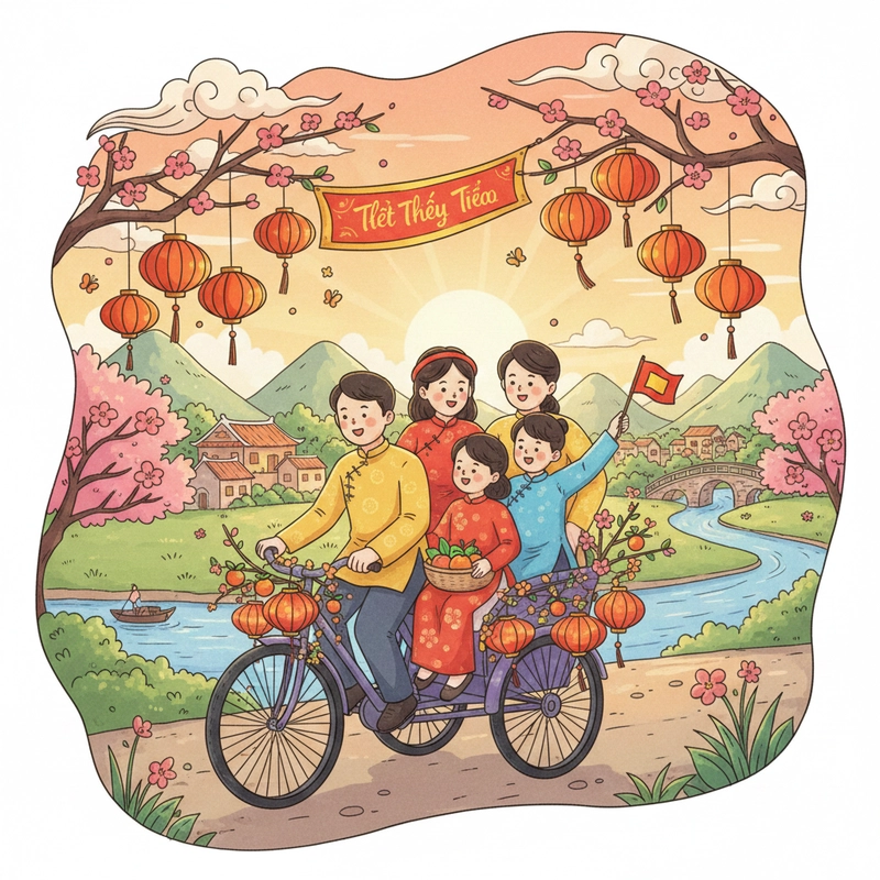 Hình vẽ gia đình ngày Tết trong không khí đoàn viên