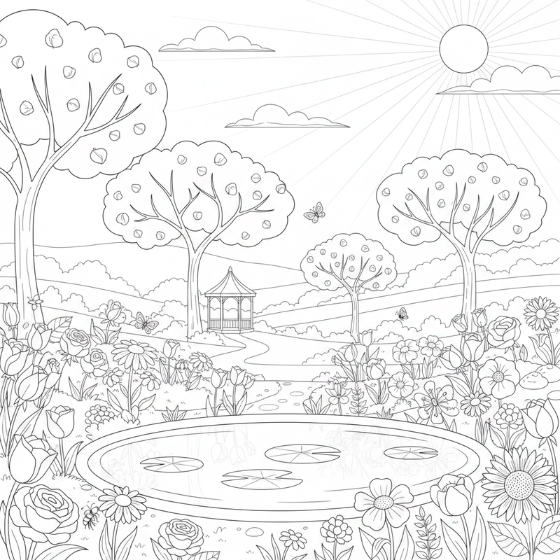 Hình vườn hoa cho bé tập phối màu