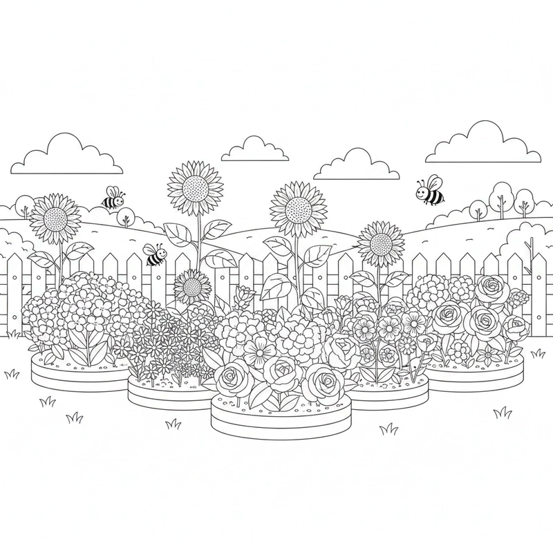 Hình vườn hoa đẹp để bé rèn kỹ năng tô