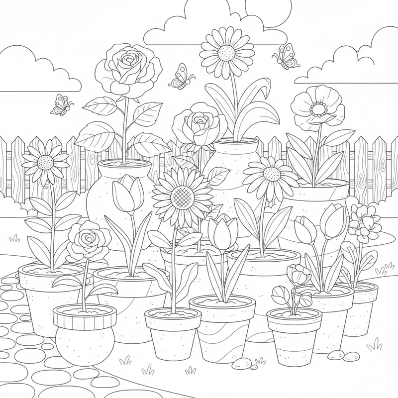 Hình vườn hoa đơn giản cho bé tô màu