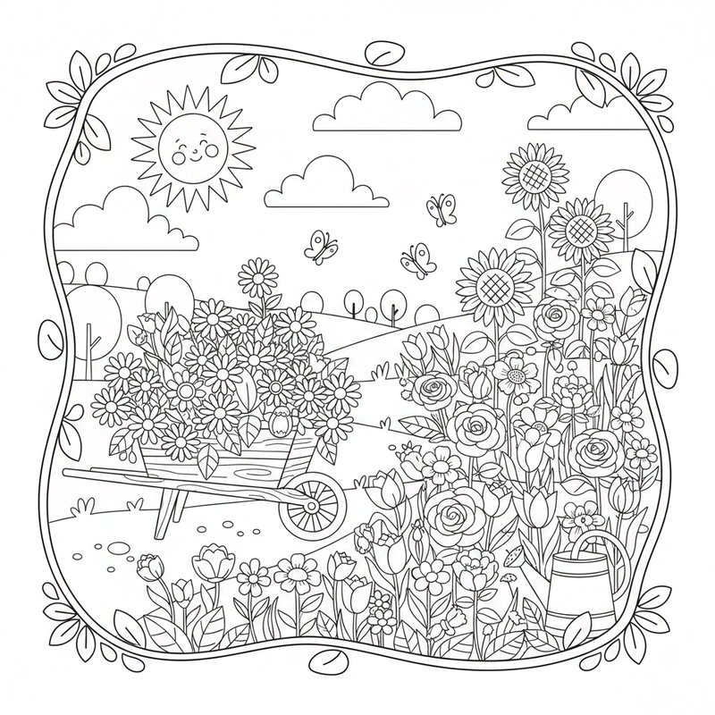 Hình vườn hoa sinh động dễ tô màu