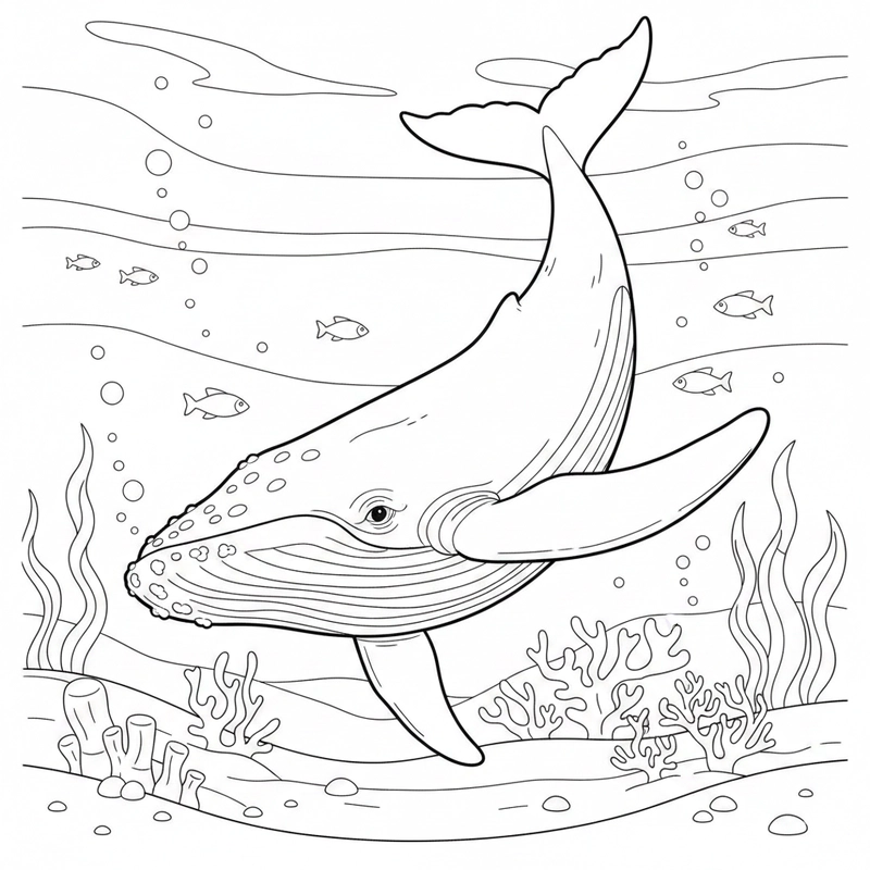 Mẫu tô màu cá voi lưng gù nét rõ