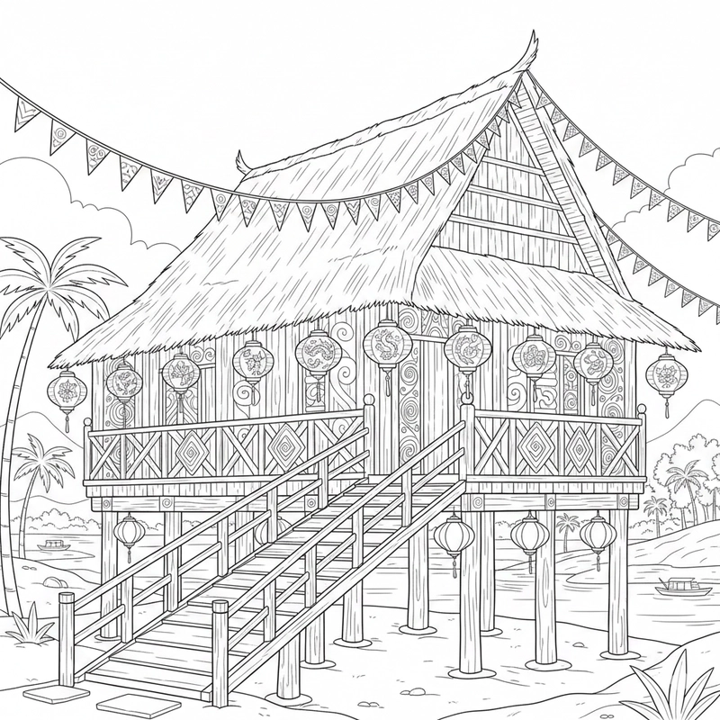 Mẫu tô màu nhà sàn đẹp và dễ in