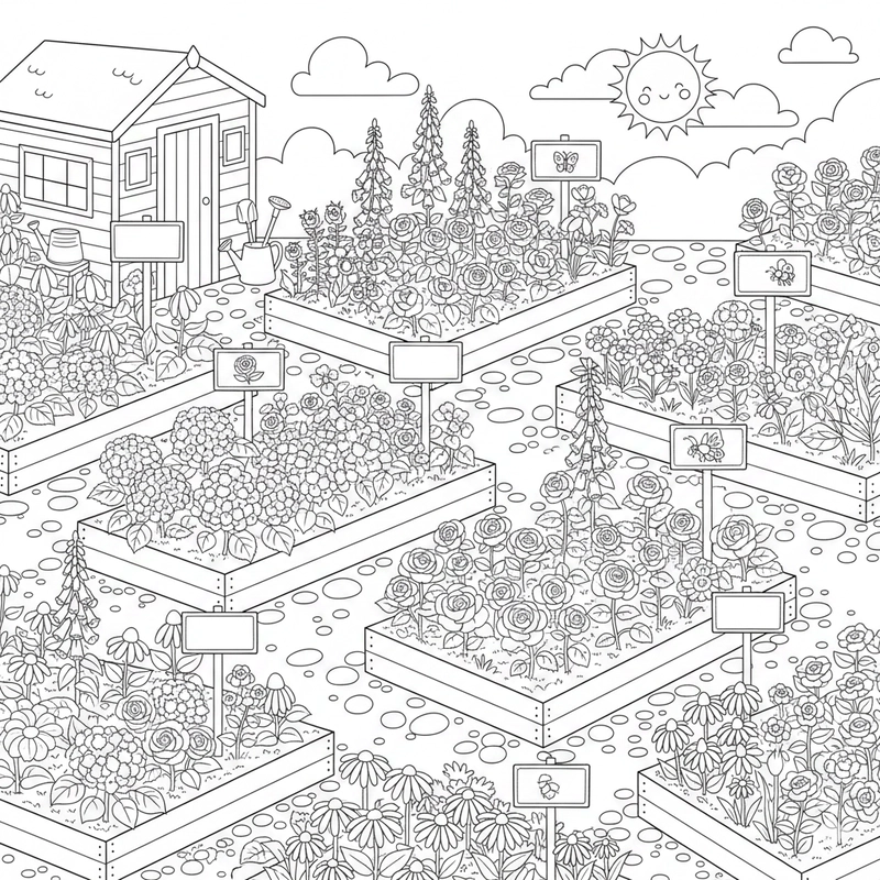 Mẫu tô màu vườn hoa nét rõ cho trẻ