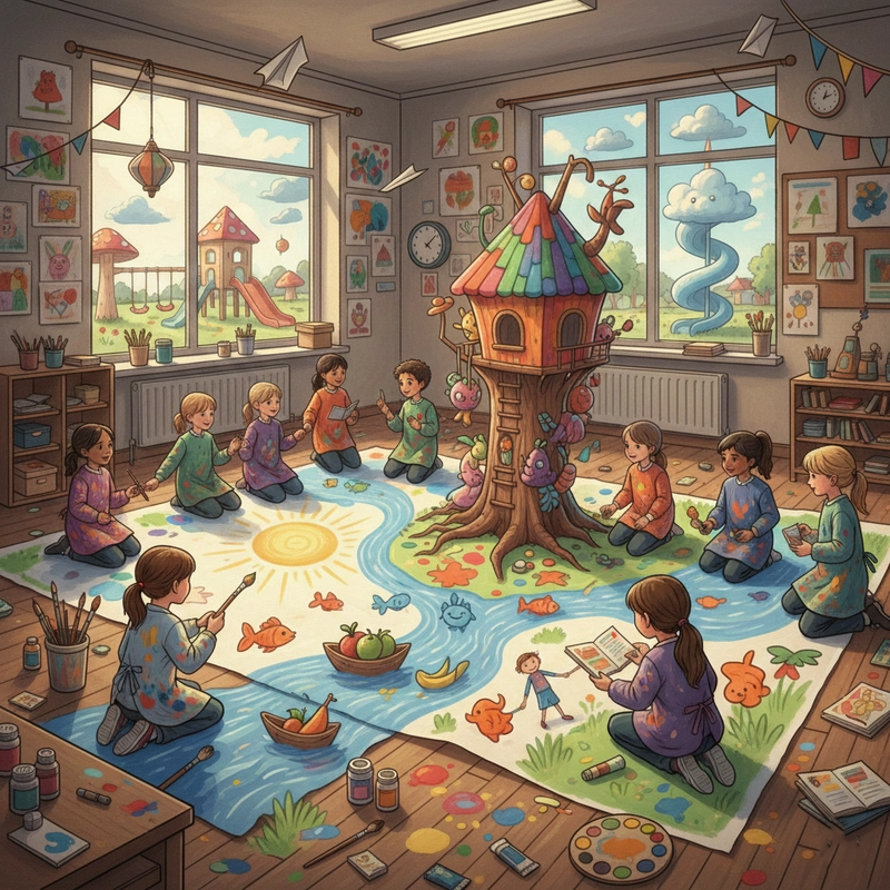 Mẫu tranh vẽ trường tiểu học ấn tượng