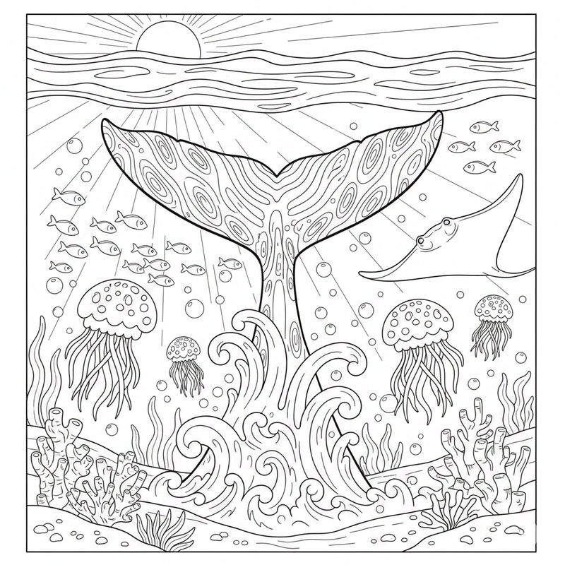 Mẫu vẽ cá voi lưng gù cho bé tập tô