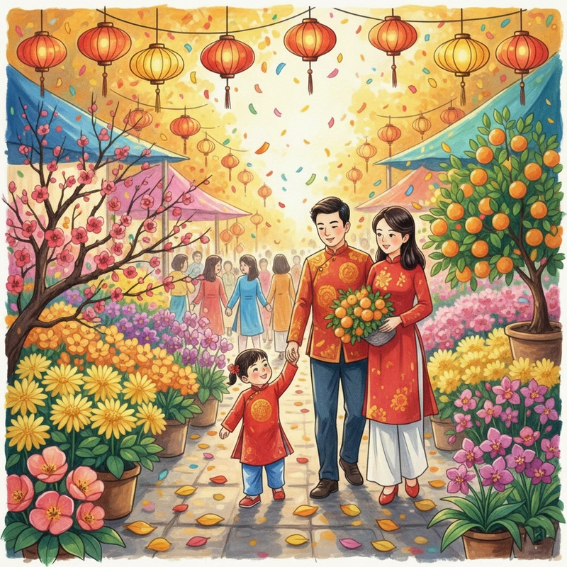 Mẫu vẽ tranh ngày Tết trong gia đình nhẹ nhàng